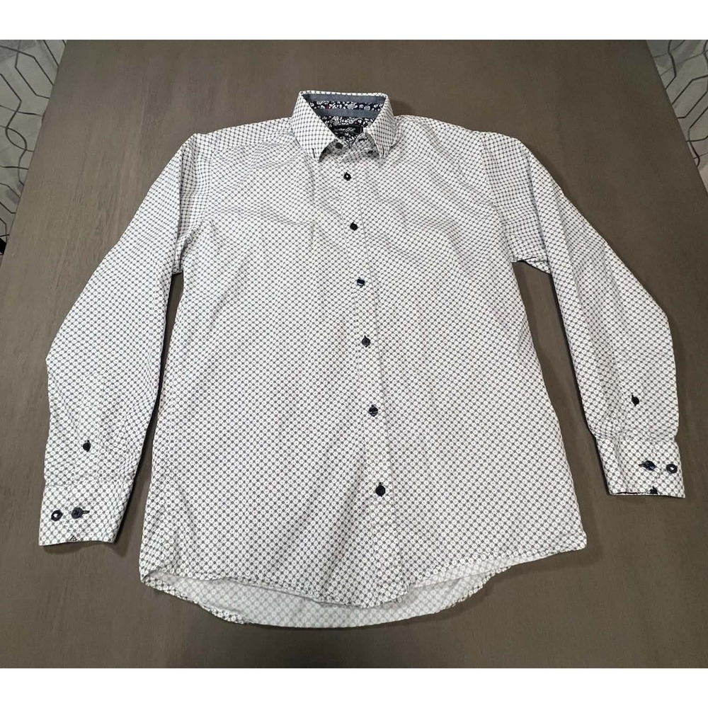 Coastal Mens Button Down Shirt Medium White Navy Geometric Long Sleeve Cotton